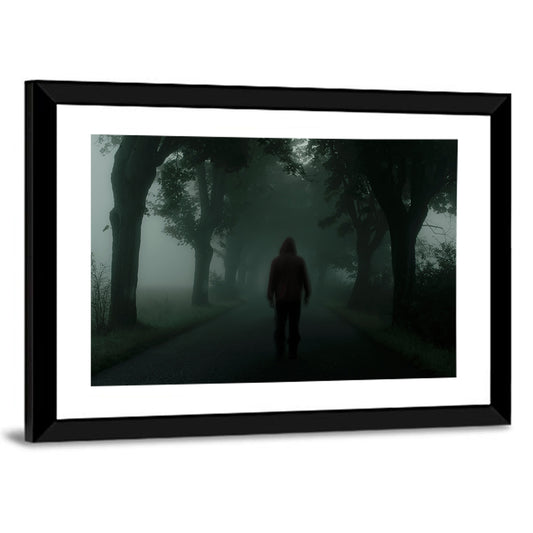 Hooded Silhouette on Foggy Forest Road Wall Art
