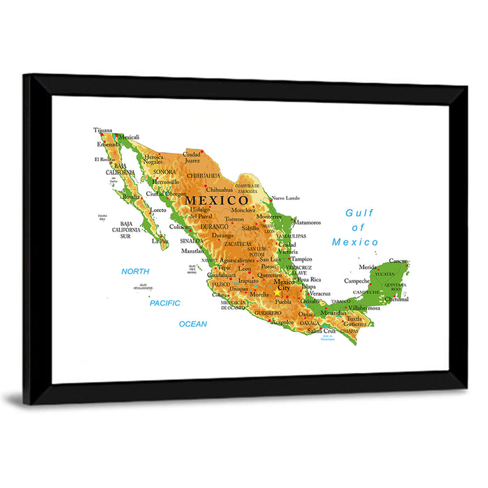 Mexico Physical Map Wall Art as a framed print