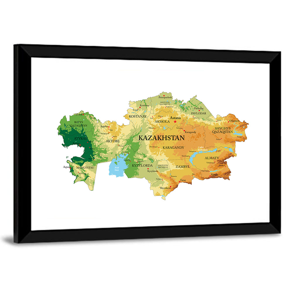 Kazakhstan Relief Map, Color-coded Terrain Wall Art