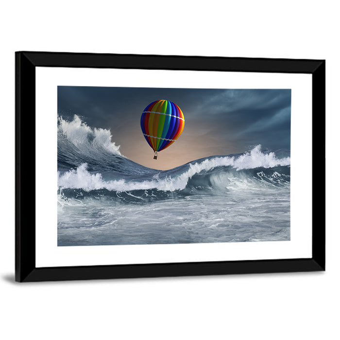 Hot Air Balloon Above Stormy Sea Wall Art as a framed print