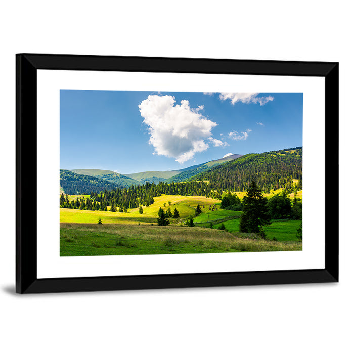 Sunlit Haystacks on Rolling Grassy Hills Wall Art as a framed print