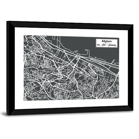 Algiers City Map, Minimal Gray Wall Art