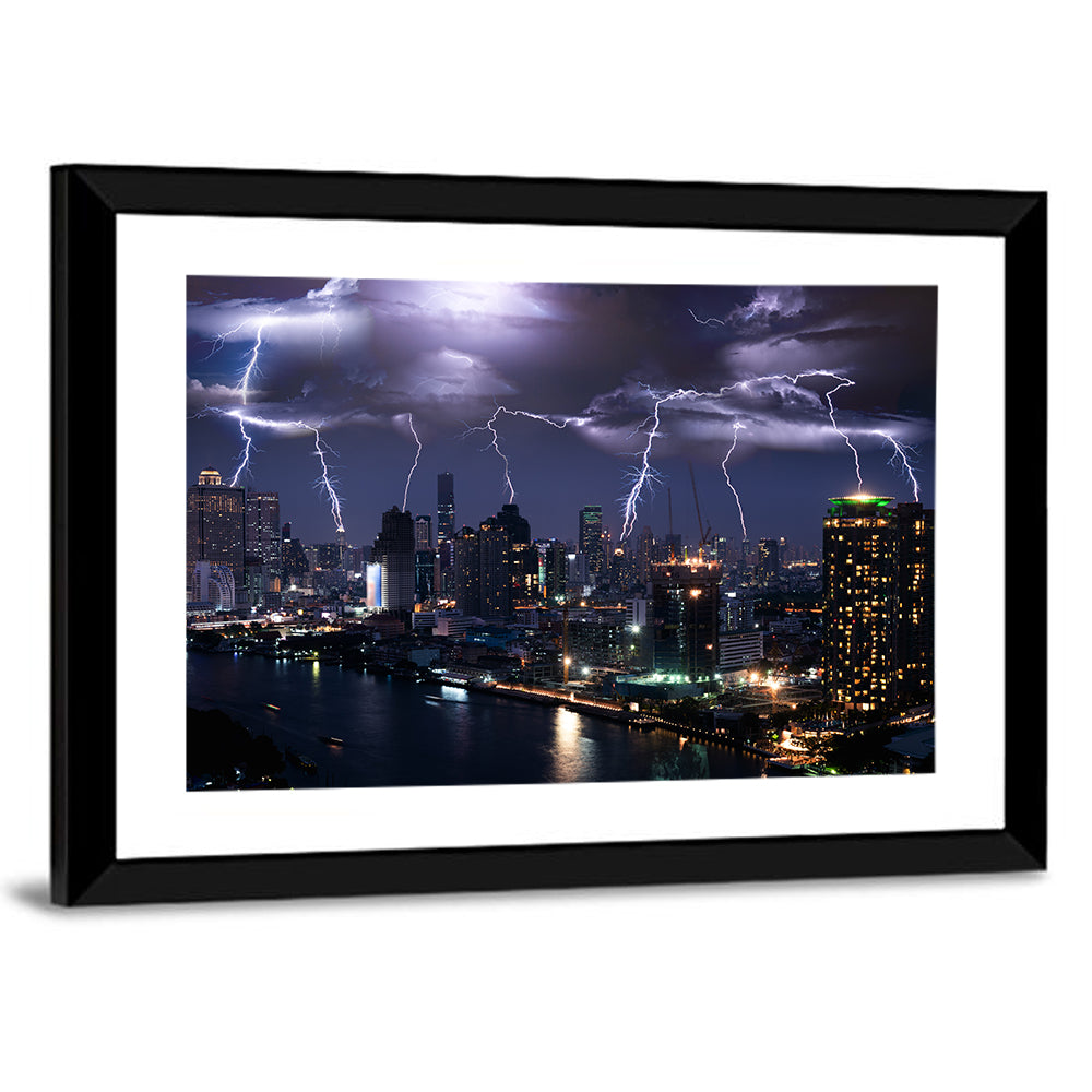Night Lightning Over River Skyline Wall Art