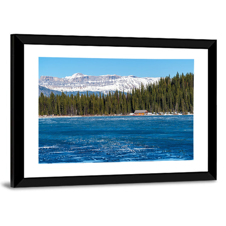 Boathouse on Frozen Lake Louise Wall Art
