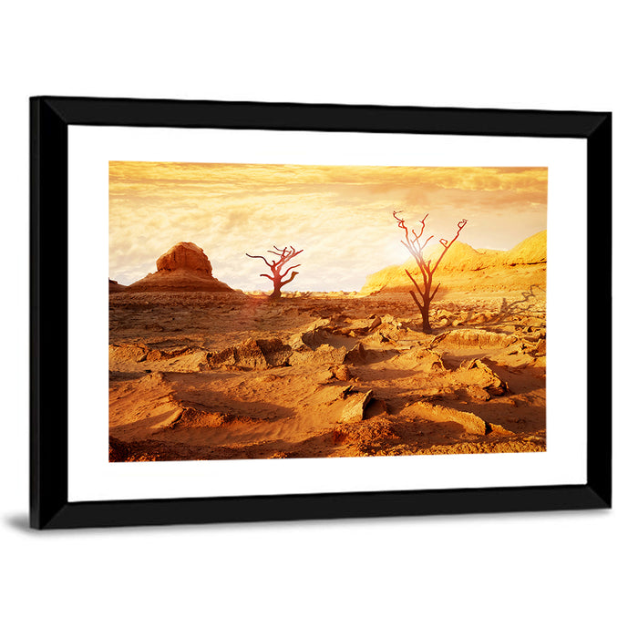 Skeletal Trees in Golden Desert Wall Art as a framed print