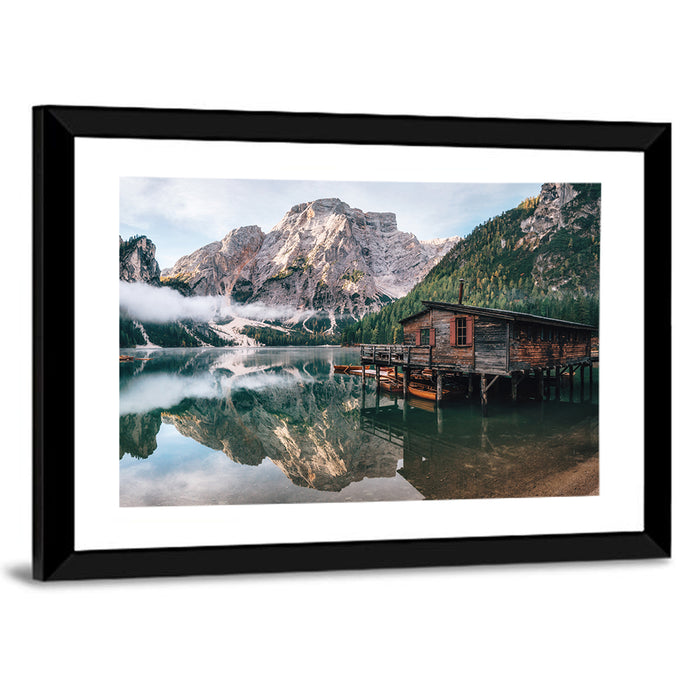 Lago Di Braies Boat House Wall Art as a framed print