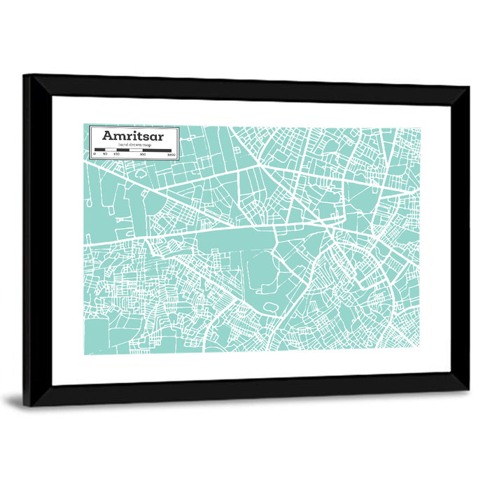 Amritsar Teal City Map Wall Art as a framed print