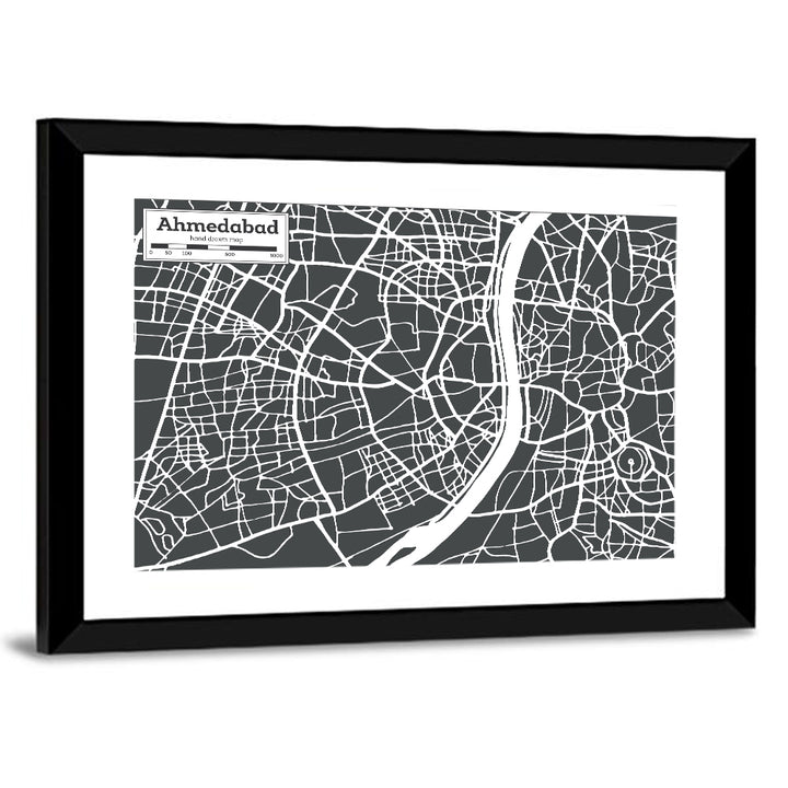 Ahmedabad Aerial Map, Minimalist Gray Wall Art