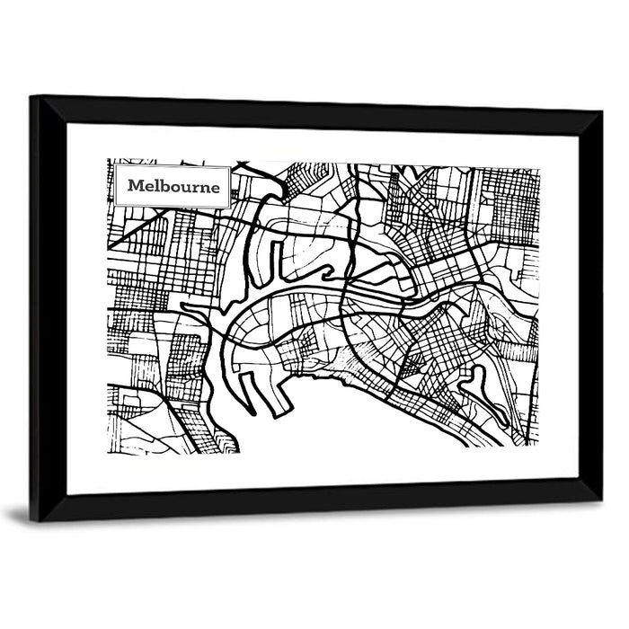 Melbourne Street Grid Map Wall Art as a framed print