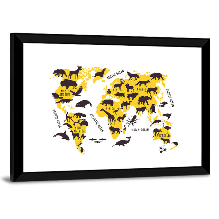 Animal World Map Wall Art as a framed print