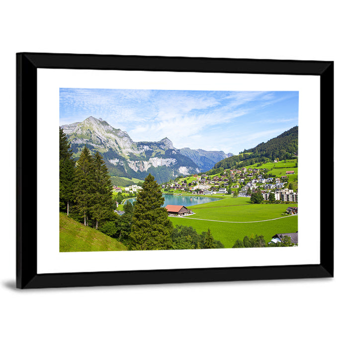 Lungern Lake Village Wall Art as a framed print