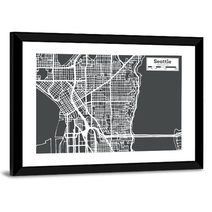 Seattle Urban Grid Map Wall Art as a framed print