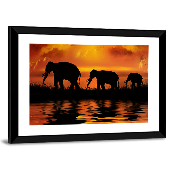 Elephants at Sunset Wall Art as a framed print