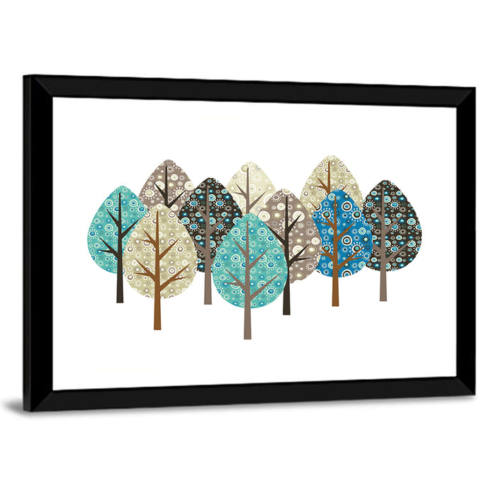Blue Autumn Patterned Trees Wall Art as a framed print