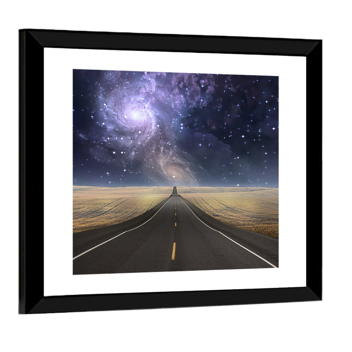 Galaxy Over Empty Road Wall Art as a framed print