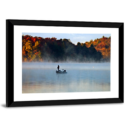 Misty Lake Fisherman Silhouette Wall Art