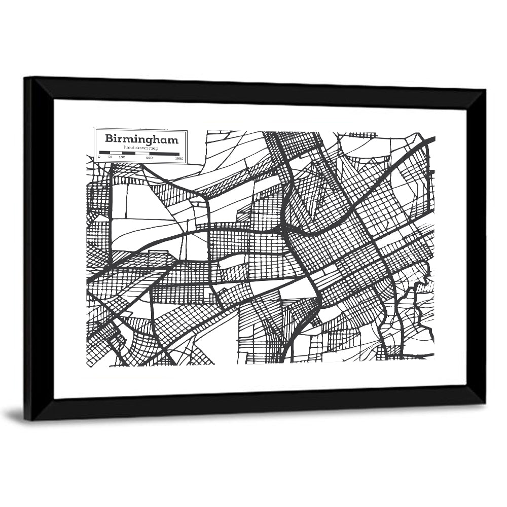 Birmingham Black and White City Map Wall Art