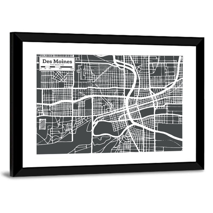 Des Moines Grid Map Wall Art as a framed print