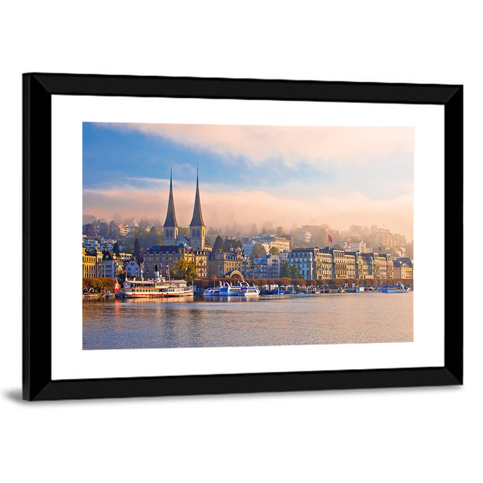 Hofkirche Lucerne Morning Reflection Wall Art as a framed print