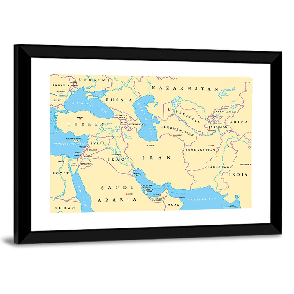 Southwest Asia Political Map, Cartographic Wall Art