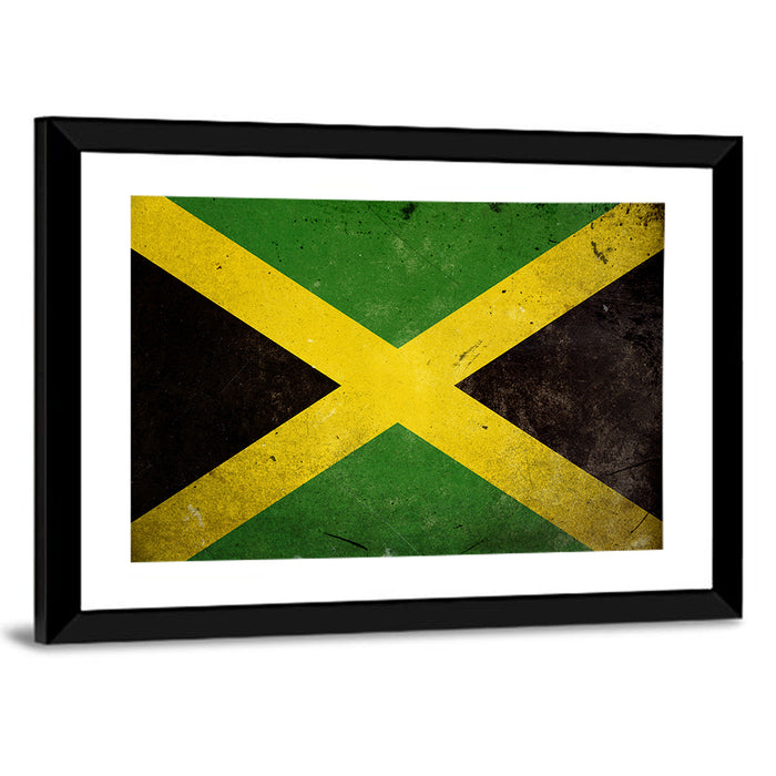 Distressed Jamaican Flag Wall Art as a framed print