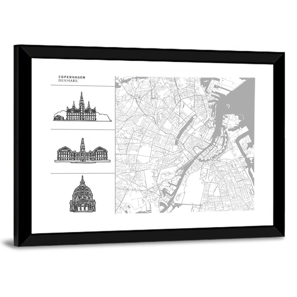 Copenhagen Map with Architectural Silhouettes Wall Art