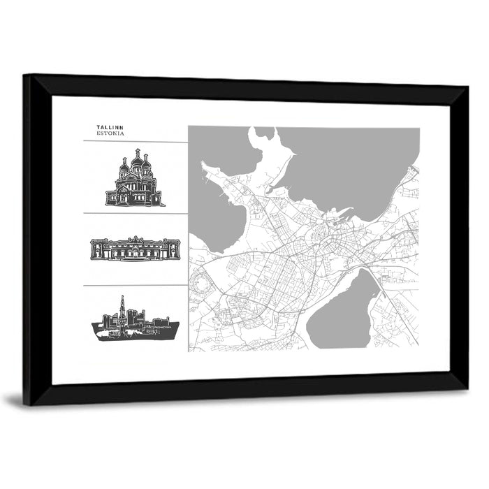 Tallinn Map with Cathedral and Palace Wall Art as a framed print