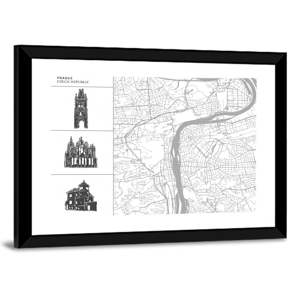Prague City Map with Architectural Silhouettes Wall Art