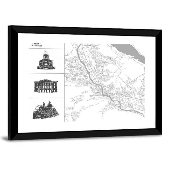Tbilisi Map with Architectural Sidebar Wall Art as a framed print