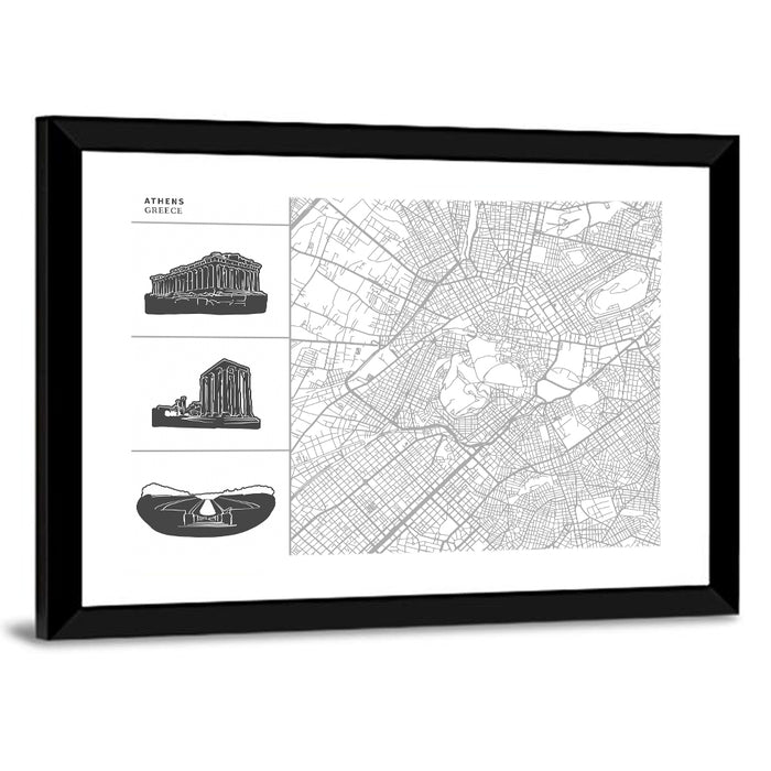 Athens Map with Parthenon Icons Wall Art as a framed print