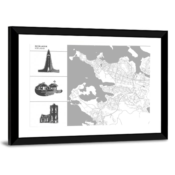 Reykjavik Map with Hallgrimskirkja Wall Art as a framed print