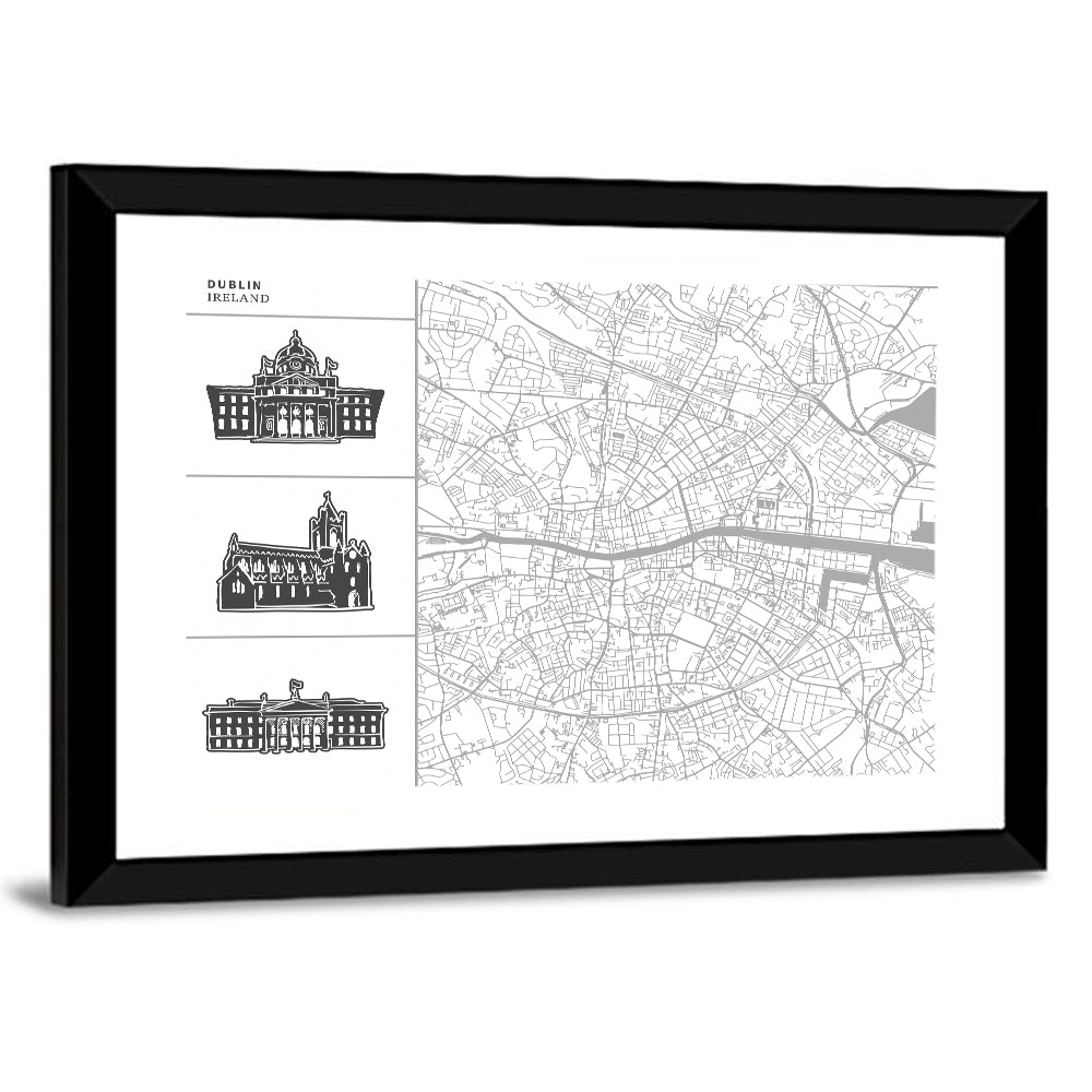 Dublin Map with Architectural Silhouettes Wall Art