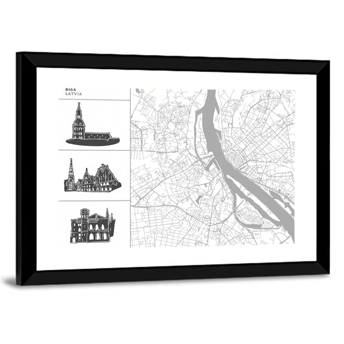 Riga Map with Cathedral Silhouettes Wall Art as a framed print