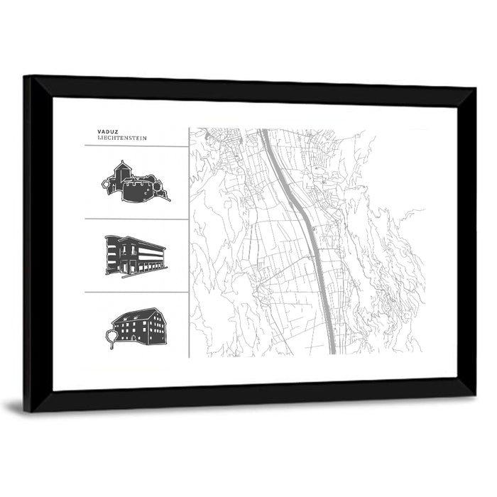 Vaduz Map with Castle Wall Art as a framed print