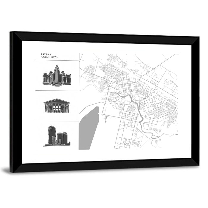 Astana Map with Landmarks Wall Art as a framed print