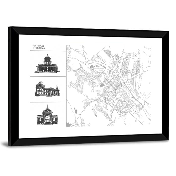Chisinau Map with Architectural Sidebar Wall Art as a framed print