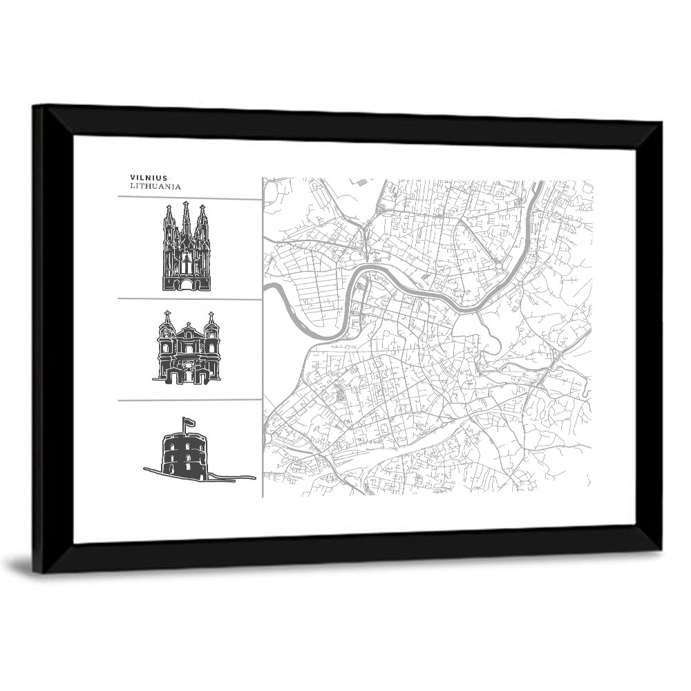 Vilnius Map with Architectural Sketches Wall Art