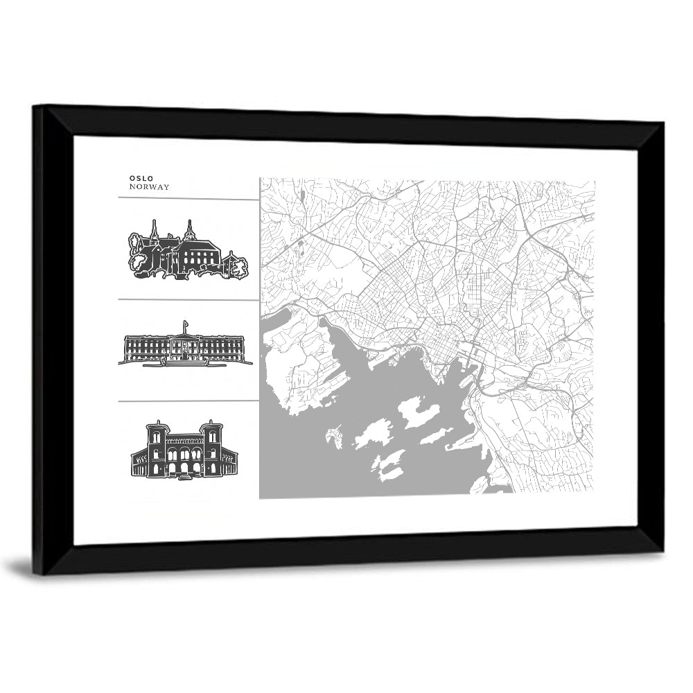 Oslo Map with Harbor Illustrations Wall Art