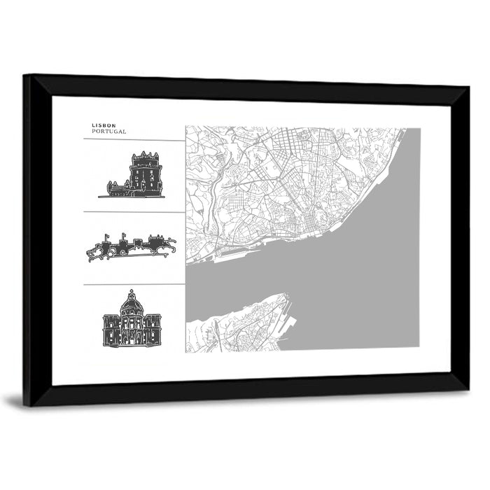 Lisbon Map with Architectural Icons Wall Art as a framed print