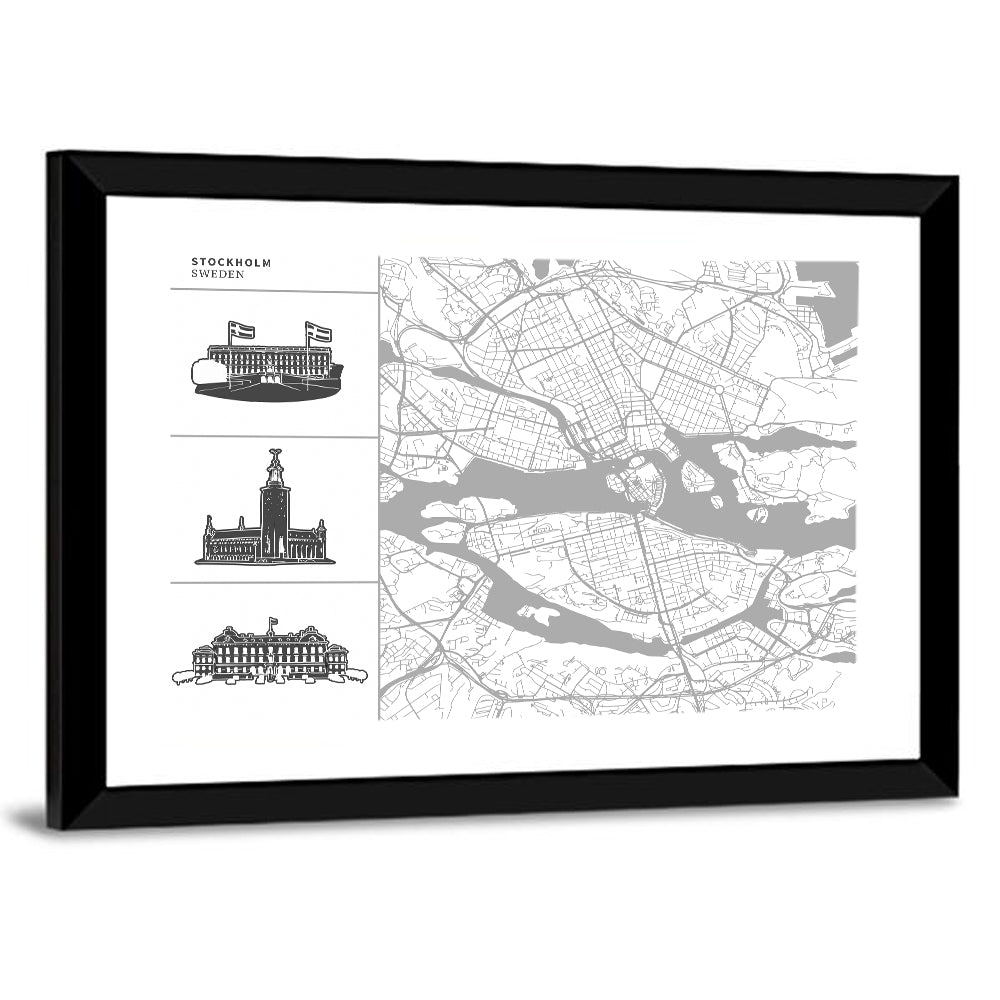 Stockholm Map with Architectural Illustrations Wall Art
