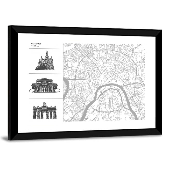 Moscow Map with Landmark Silhouettes Wall Art as a framed print