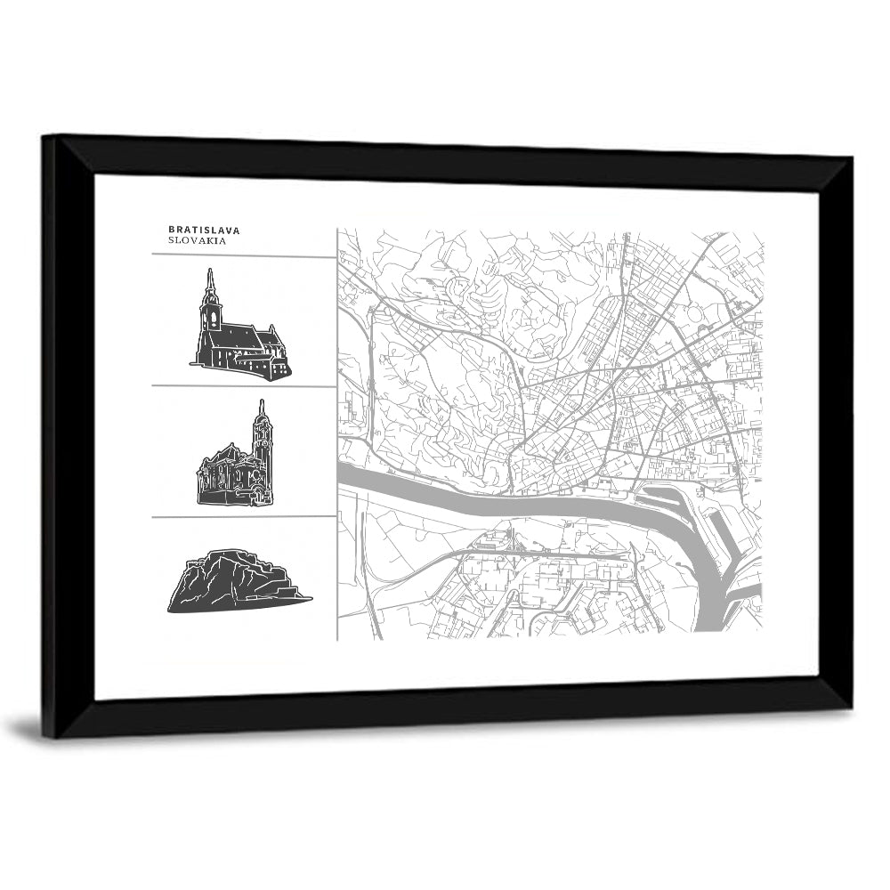 Bratislava Map with Castle and Cathedral Silhouettes Wall Art