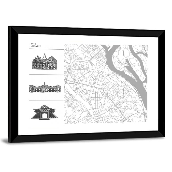 Kyiv Map with Cathedral Silhouettes Wall Art as a framed print