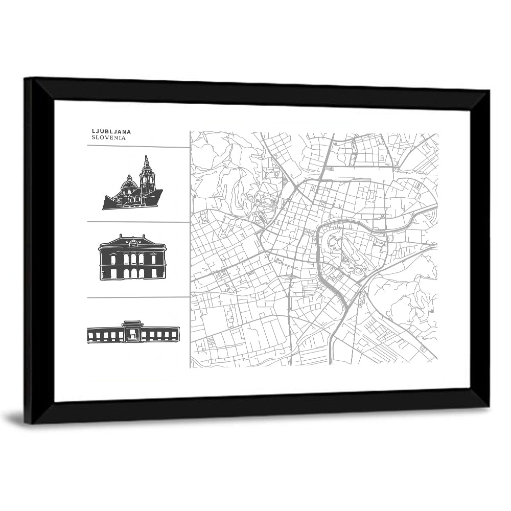 Ljubljana Map with Cathedral Silhouettes Wall Art
