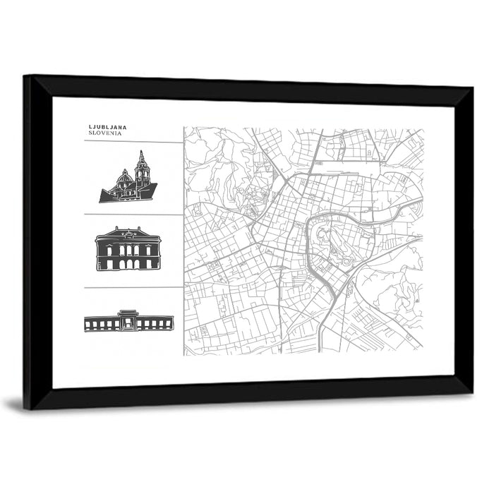 Ljubljana Map with Cathedral Silhouettes Wall Art as a framed print