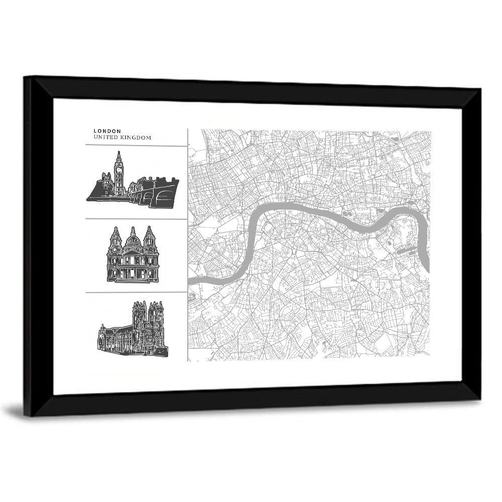 London Map with Landmark Silhouettes Wall Art