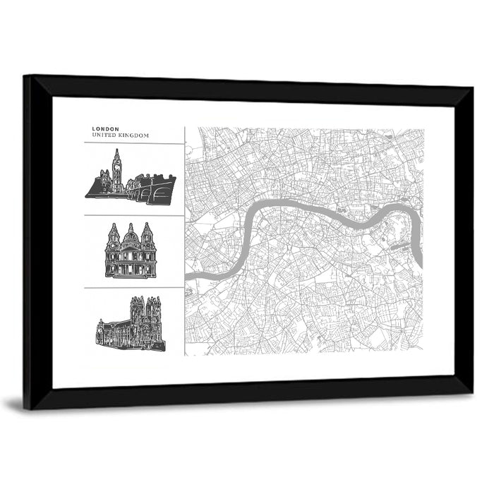 London Map with Landmark Silhouettes Wall Art as a framed print