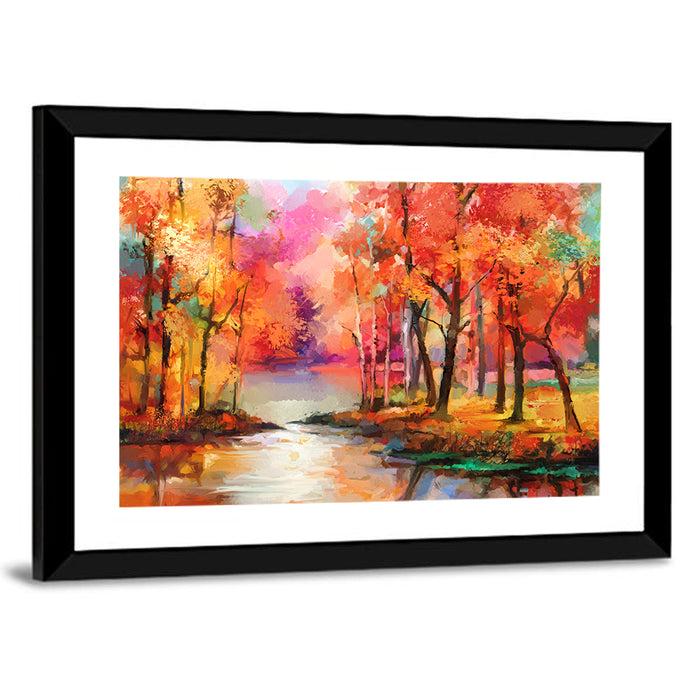 Autumn Lake Reflection Illustration Wall Art as a framed print