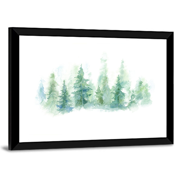 Misty Pine Forest Watercolor Wall Art as a framed print