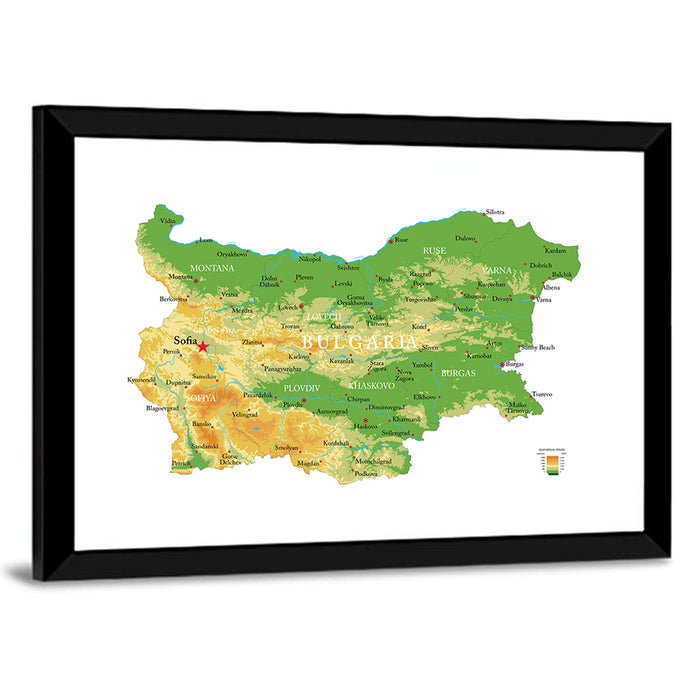 Bulgaria Topographic Map Wall Art as a framed print
